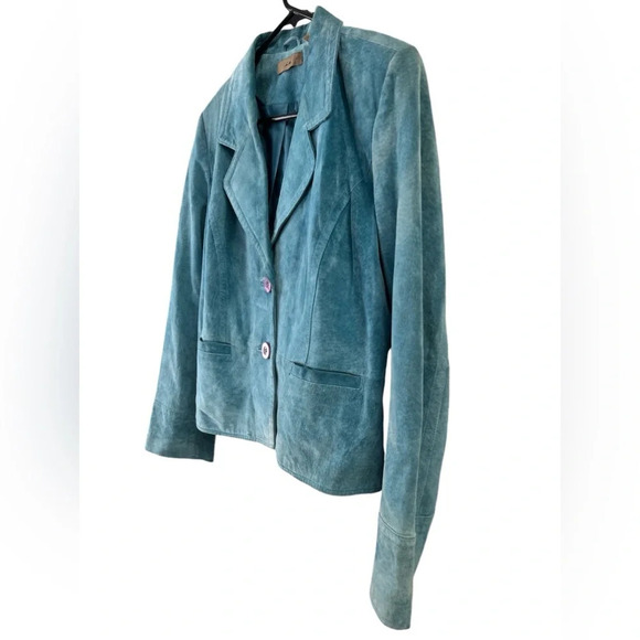 Blue leather suede long sleeve jacket - Picture 2 of 4